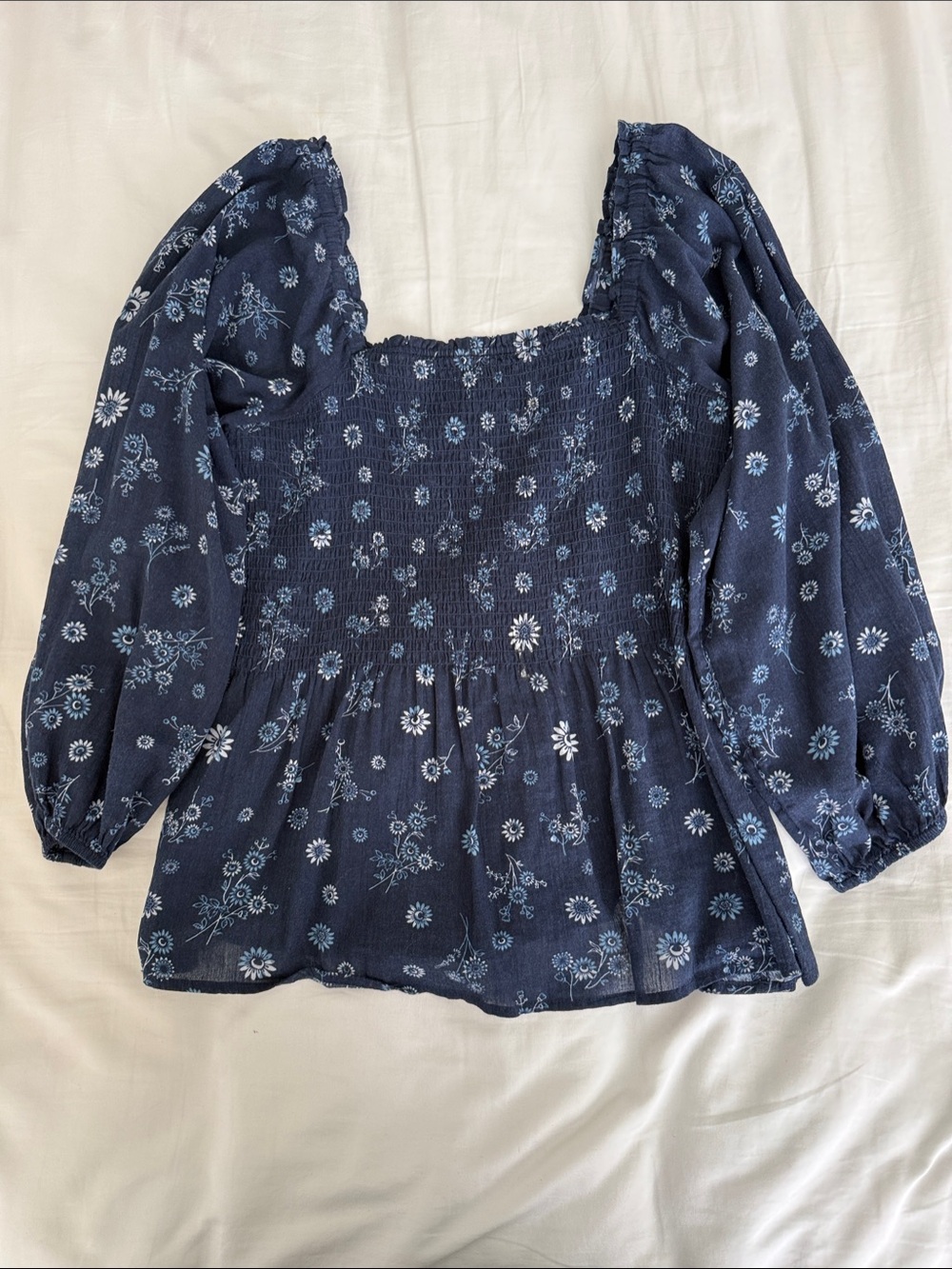 Madewell Navy Blue Floral Smocked Peasant Blouse